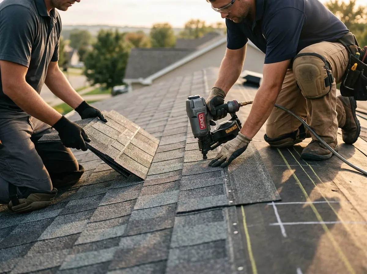 Professional roofer working on a residential roof in Perry